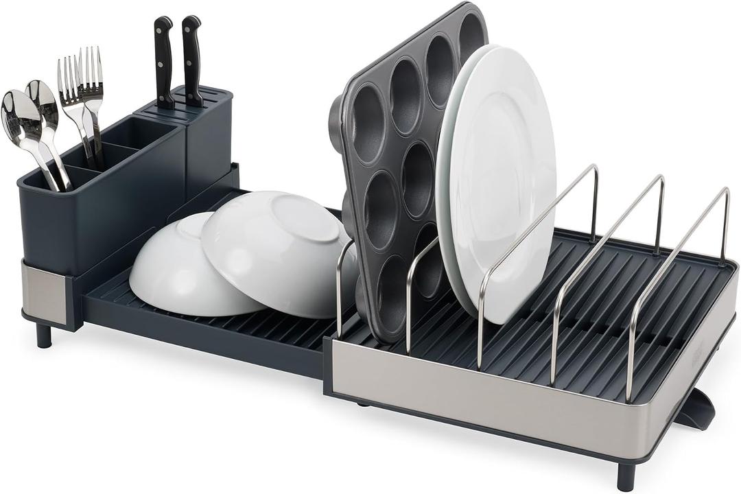 Joseph Joseph Extend Max Steel Expanding Dish Drying Rack, high Capacity for Large Items, Cutlery and Knife Holder, Swivel Draining Spout, Stainless Steel