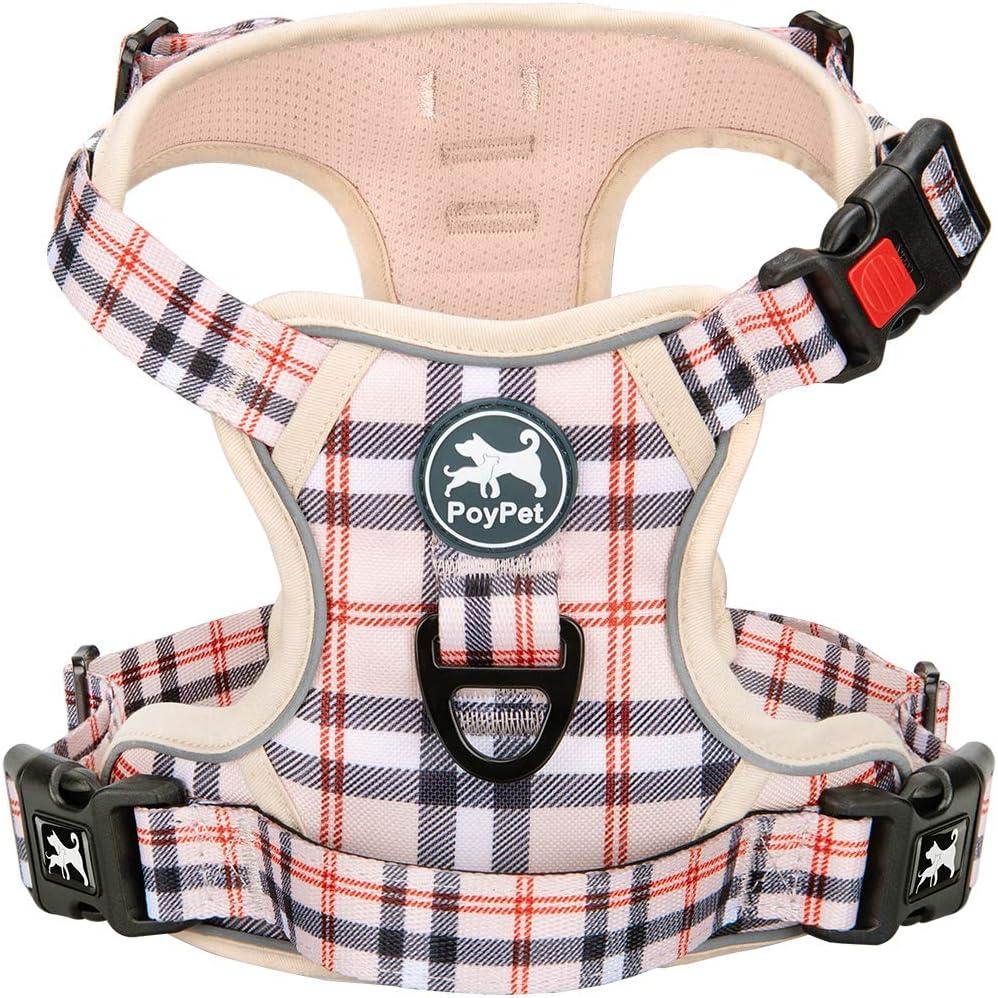 PoyPet No Pull Dog Harness, [Release on Neck] Reflective Adjustable No Choke Pet Vest with Front & Back 2 Leash Attachments(Checkered Beige,XS)