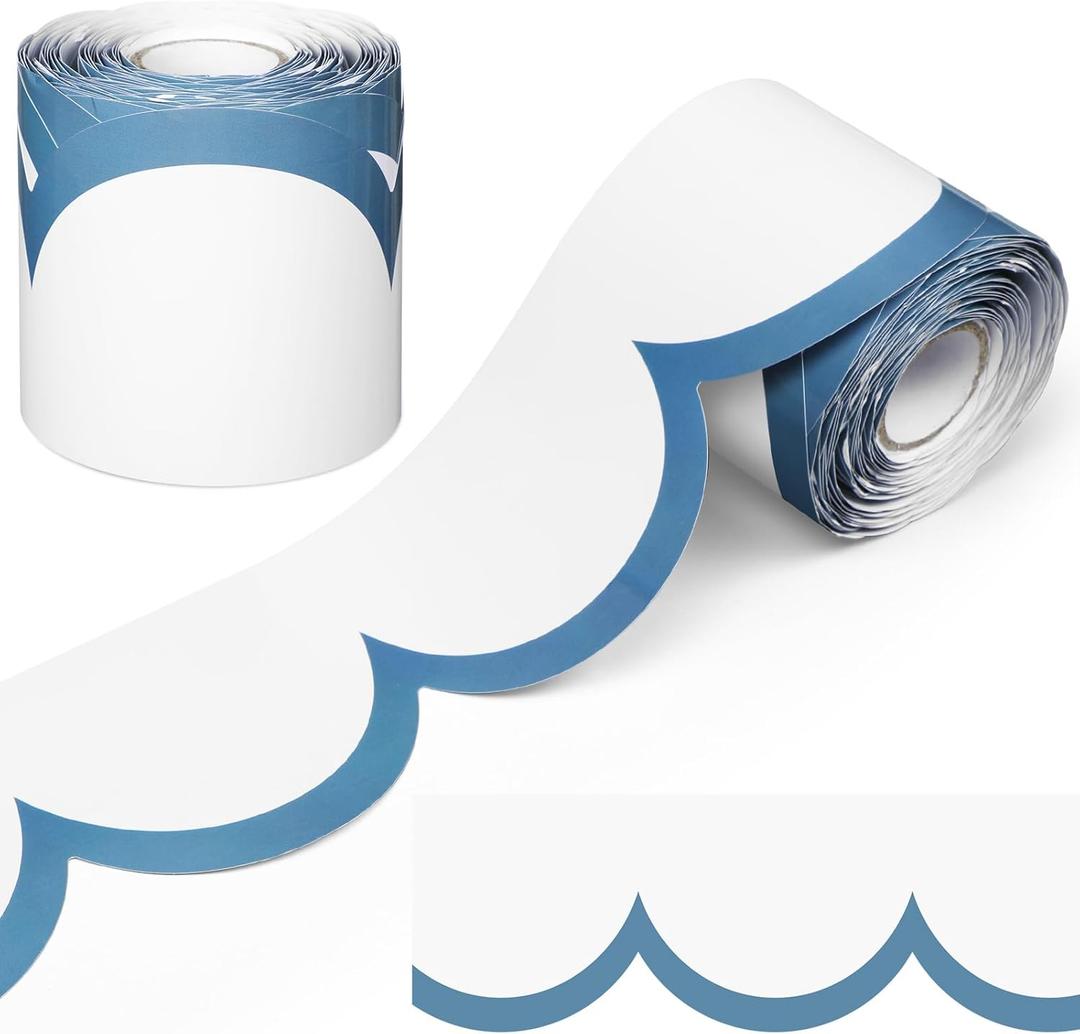 Fuutreo 65ft Stone Blue and White Bulletin Board Borders Wave Line Scalloped Board Borders Classroom Die-Cut Rolled Trim for Bulletin Home School Office Wall Desks Locker Decorations