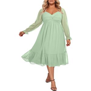 Talisea Plus Size Dresses Sweetheart Neckline Long Sleeves Chiffon Party Cocktail A Line Curvy Womens Midi Dress (Green), 14W