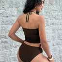 SHENHE Women's Halter Tankini Swimsuit Ruched Drawstring Mesh Bandeau Bathing Suits (Brown, L)