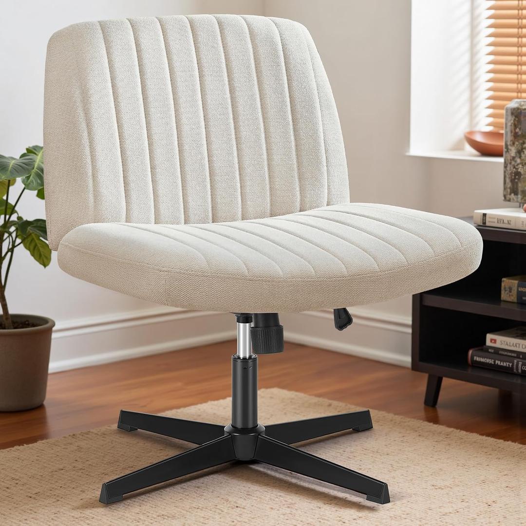 DUMOS Criss Cross Legged Chair Wide Comfy Home Office Desk Seat, No Wheels Armless Computer Task Seating, Swivel Vanity Chair Height Adjustable for Makeup Bedroom, Fabric Beige