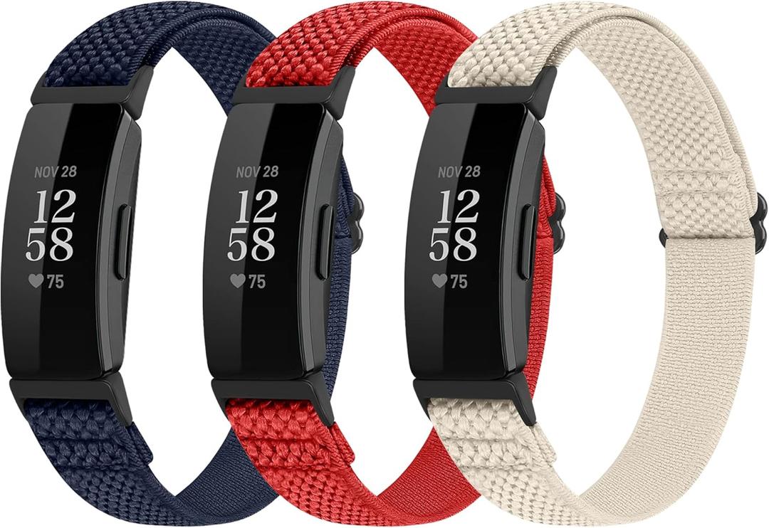 Adjustable Elastic Nylon Sport Bands Compatible with Fitbit Inspire 3/Inspire 2/Inspire/Inspire HR/Ace 2/Ace 3, Soft Loop Stretchy Straps Replacement Wristbands for Fitbit Inspire Women Men (Indigo+China Red+Beige)