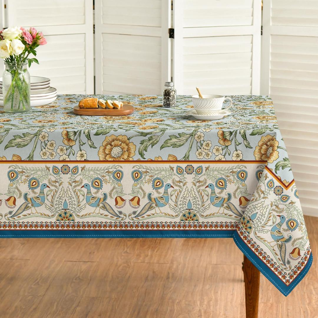 Horaldaily Rustic Rectangular Tablecloth 52x70 Inch, Bird Floral Vintage Washable Seasonal Table Cover for Party Picnic Dinner Decor (52" x 70" (Rectangular), Green)
