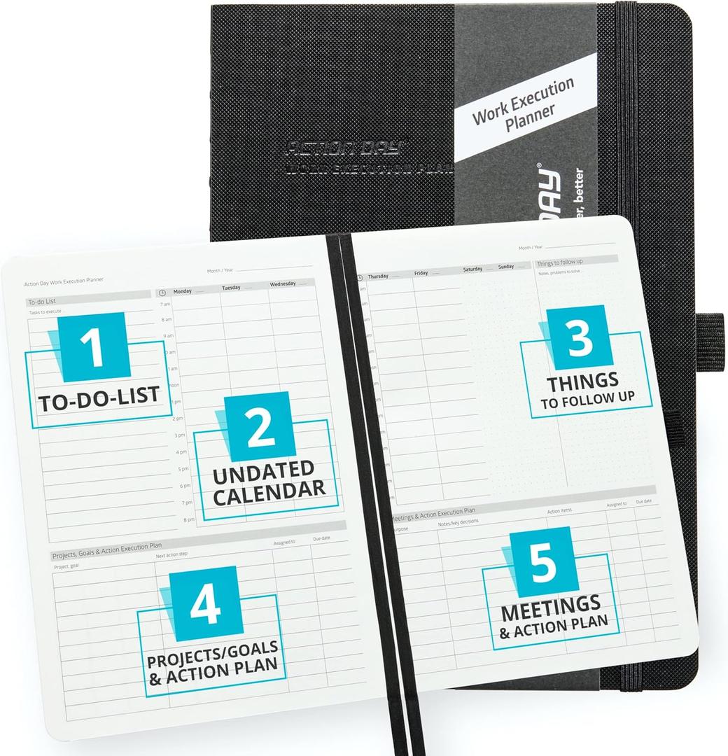 Action Day Undated Weekly, Monthly Planner, Designed to Get WORK Done - To-Do List, Projects List, Meeting Notes & Action Items - Perfect for Office & School, Pocket, Lay-Flat Binding, 7x9, Black