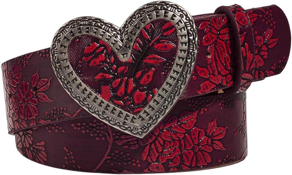 BEAUDRM Women's Retro Vintage Metal Buckle Belt Faux Leather Western Cowgirl Waist Belts (Burgundy)
