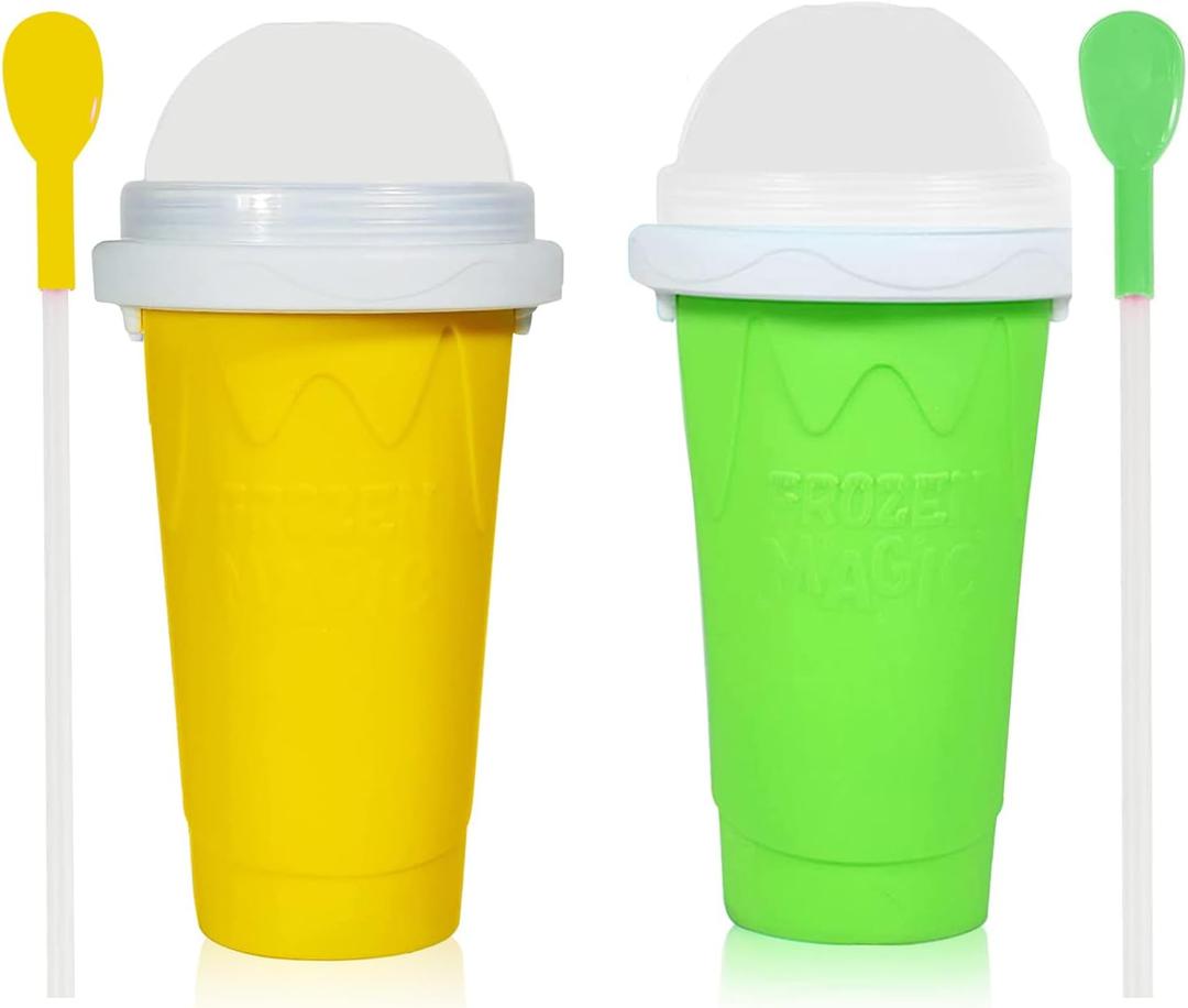 Slushie Cup, 2 Pack Slushy Maker Cup, Frozen Magic Squeeze Cups for Juice Milk Yogurt Ice Cream Make, DIY Smoothie Cooling Cup with Lid & Straw for Kids Friends Family (Yellow+Green)