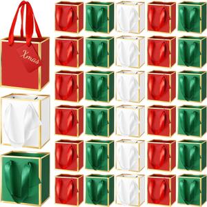 Yeaqee 50 Pcs Mini Metallic Paper Gift Bags with Handles 4x2.75x4.5'' Tiny Small Gift Bags with Thank You Tag for Christmas Wedding Birthday Welcome Return Gifts Small Business(Red Green White)