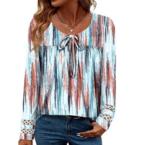 Magritta Women's Dressy Printed Tops Fashion Mesh Long Sleeve Tee Shirt 2025 Fall Trendy Versatile Pintuck Shirt Elegant Crew Neck Tunics Loose Casual Blouses Orange Blue Stripe Large