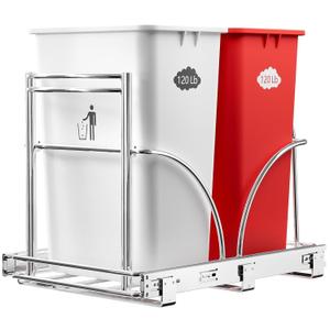Dual Under Sink Trash Can Heavy Duty Pull Out Trash Can Under Cabinet, Fits 2x35Qt (7-9 Gal) Commercial Trash Cans Cabinet Trash Bin Pull Out Kit Requires  22''Dx 16''Wx 17''H, No Can (Silver)