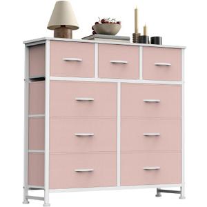 Sweetcrispy 9 Drawer Fabric Dresser Storage Tower with Wood Top and Steel Frame, Organizer Chest with Easy Pull Handles for Bedroom, Closet, Hallway,Pink