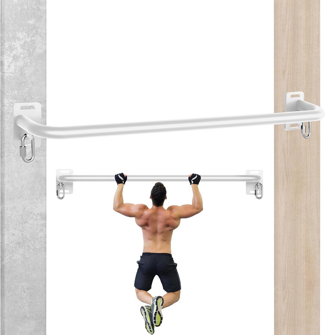 36" Heavy Duty Pull Up Bar Wall/Joist Mounted, 600 LB Capacity, Multi-Grip Bar for Garage & basement rafter Use - All-in-One Workout Station with Carabiners & Space-Saving Design (White)