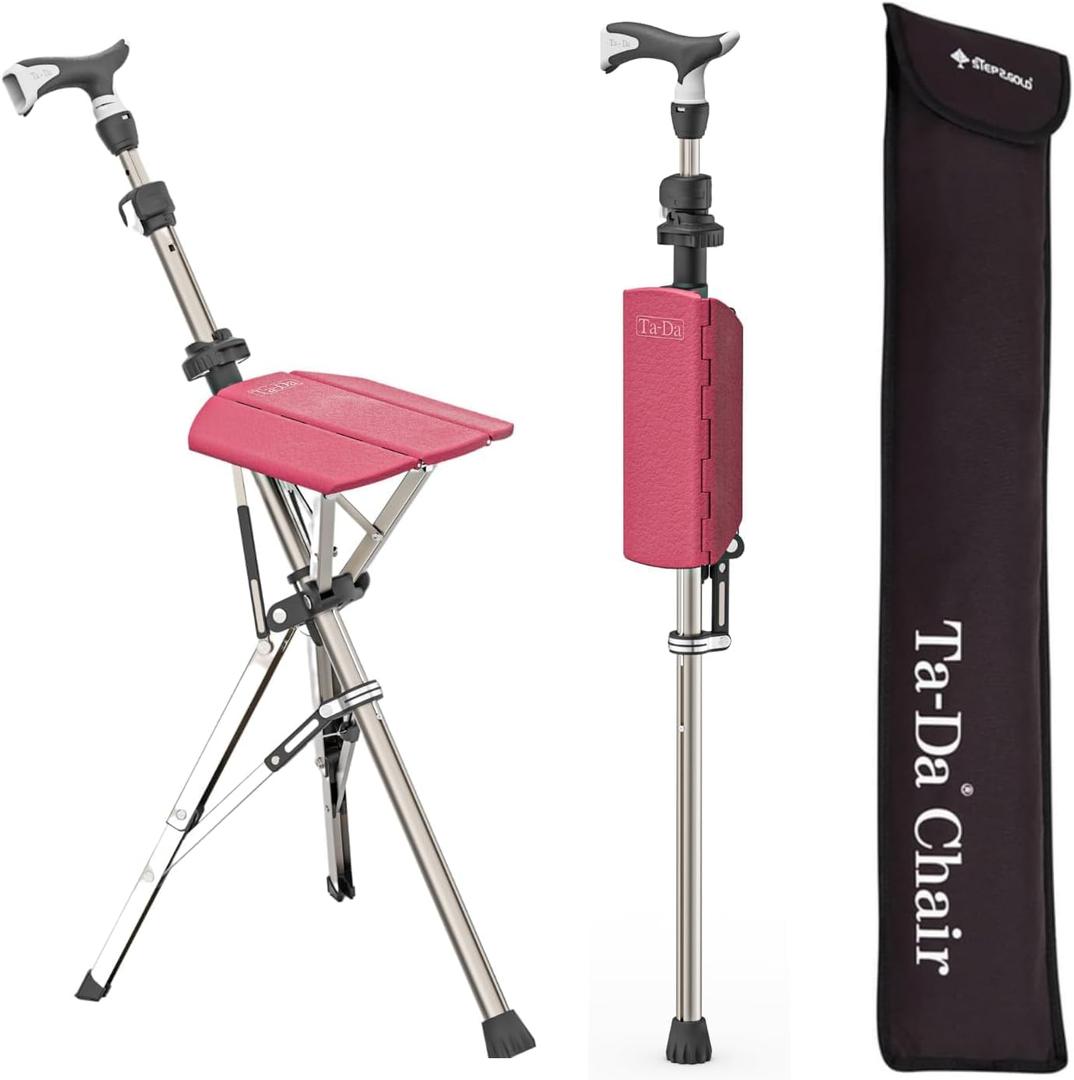 Ta-Da Chair Series 1 Pro, Portable Trekking Hiking Pole, Folding Walking Stick with Seat, Walking Cane with Chair, Foldable Chair, Lightweight Aluminum, Easy Carry and Storage, Anti-Slip (Red)
