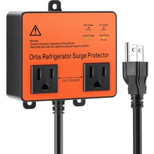 Refrigerator Surge Protector, Ortis Double Outlet Voltage Protector for Home Appliances with Time Delay, Protects Against Brownout, Spike, Instant Surge All Voltage Abnormalities, Black (1.5FT, Orange)