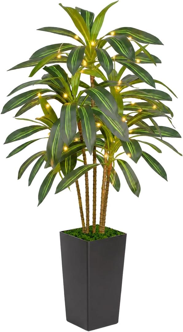 Artificial Dracaena Tree 5FT with Black Tall Planter, Realistic Faux Tropical Plant with LED Lighted, Indoor Artificial Plant for Modern Indoor Home Decor