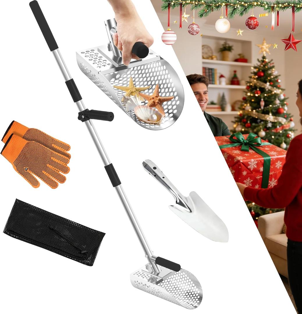Sand Scoop for Metal Detecting, Metal Detector Sand Shovel Accessories for Beach, Stainless Steel Sand Sifter Digging Tool, Long Handle Fast Sand Sifting Flea Rake for Underwater Treasure Hunting (45")