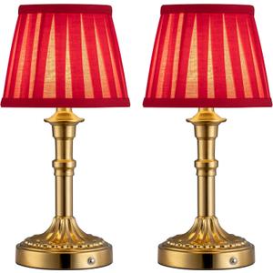 KDG Cordless Portables Table Lamp Set of 2, LED Fabric Shade Small Desk Lamps, 5000mAh Battery Powered Lighting, 2700K Stepless Dimmable Light for Living Room, Dining Room, Bedroom (Gold+Red)