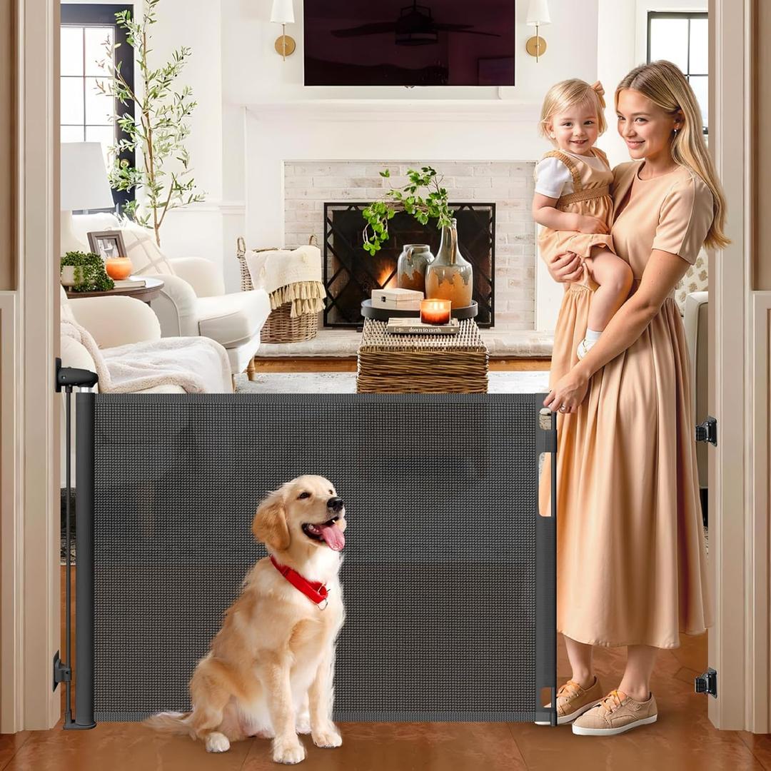 No Drill 65 Wide Retractable Baby Gates No Drilling Retractable Pet Gates for Doorways No Drilling Retractable Dog Gate for Stairs No Drilling Outdoor Baby Gate No Drill Mesh Gates for Kids or Pets (Black)