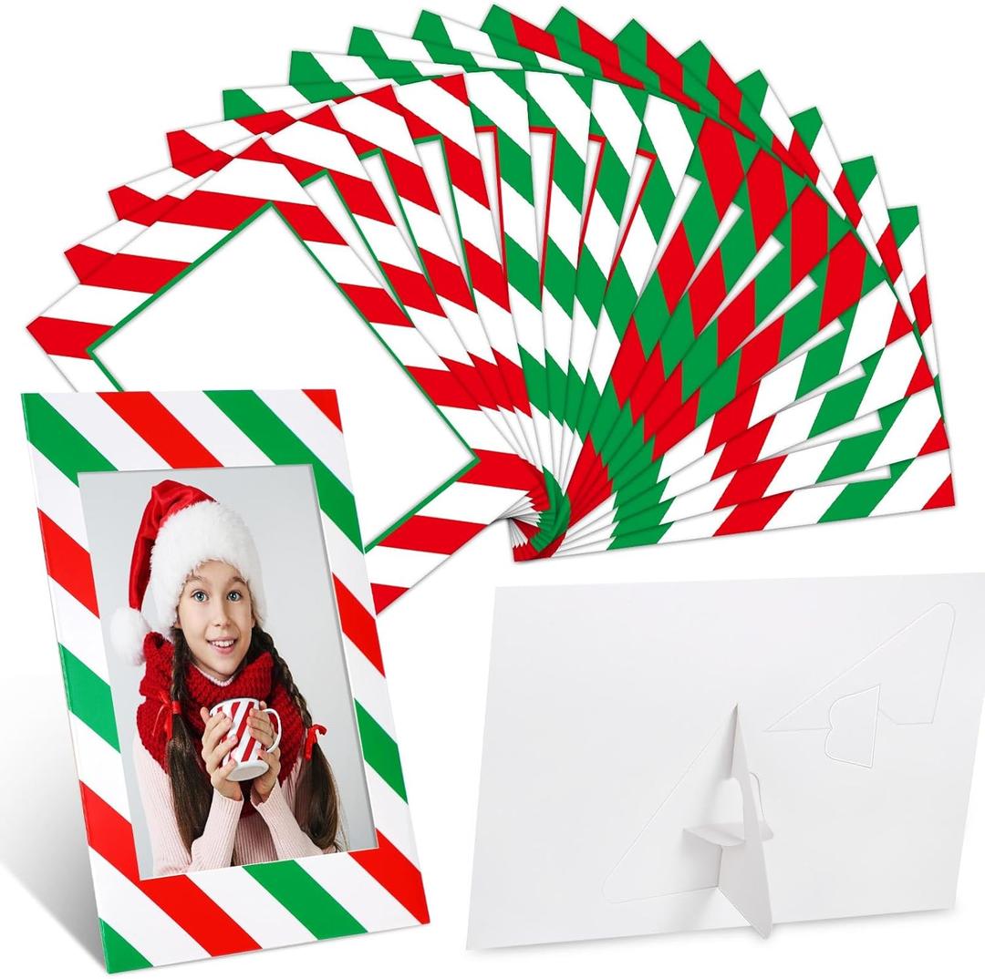Leinuosen 120 Pcs Christmas Picture Frame Ornaments 4x6 Paper Photo Frames Bulk Cardboard Frames with Stand DIY Red and Green Photo Crafts Frame for Hanging Ornament Decorations(Stripe Theme)