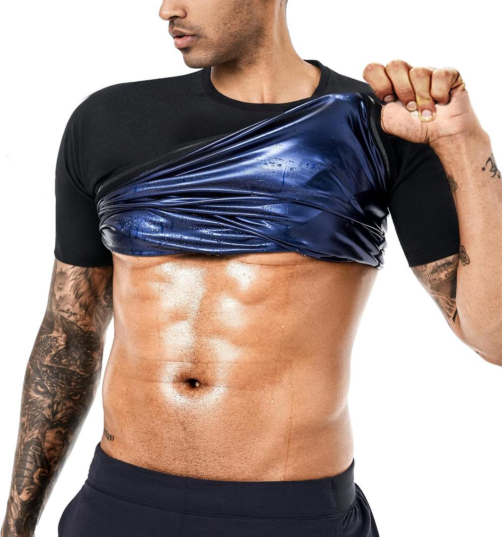 Sauna Sweat Suits Shirt Waist Trainer for Men Compression Vest Workout Gym Clothes Sweat Enhancer Short Sleeve (Large, Black)