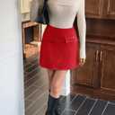 Yousify Womens Faux Leather Mini Skirts High Waisted A-Line Fall Short Skirt with Pockets (Red)