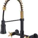 Wall Mount Kitchen Faucet, 8 Inch Center Wall Mount Faucet with Pull Down Sprayer, Commercial Spring Wall Faucet for Kitchen Sink, 3 Functions, Dual Handle, 304 Stainless Steel, Black and Brushed Gold