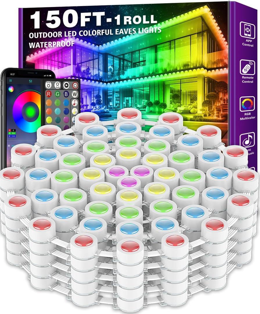 150FT Permanent Outdoor RGB Lights - IP67 Waterproof with Smart App Control Remote, DIY Scene Modes, Music Synchronization, Eaves Lights for Garden Decor, Deck, Christmas, Party, Party, Halloween,Roof (150FT Permanent Outdoor Lights)
