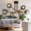 6-Light Sputnik Chandelier Modern Matte Black and Gold Ceiling Light, Glass Globe Hanging Light Fixture for Dining Room, Kitchen Island, Bedroom, Living Room