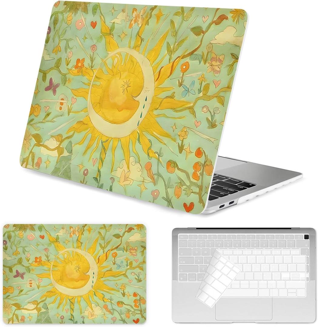 Seorsok Compatible with MacBook Air 13 Inch Case 2022 2021 2020-2018 Release A1932 A2179 M1 A2337,Colorful Retro Oil Painting Printed Flower&Sun Plastic Hard Case& Keyboard Cover,Vintage Green, Air13A1932 A2179 M1 A2337