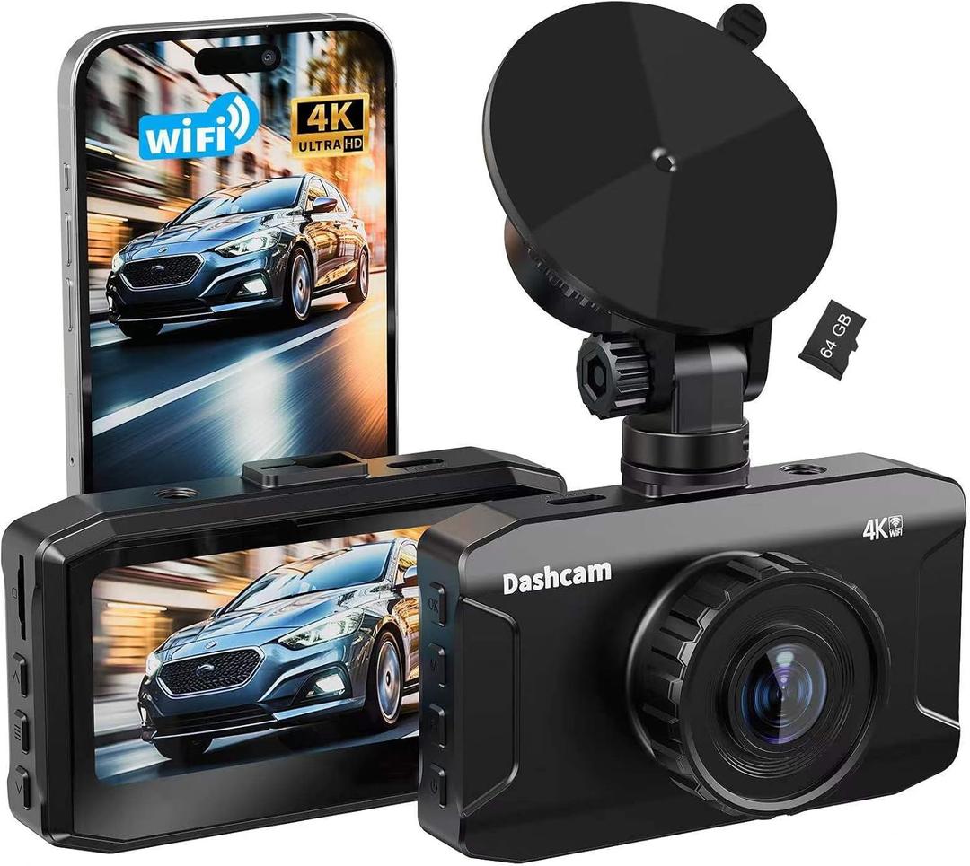 Front Dash Cam 4K, WiFi Dash Camera for Cars with 64GB SD Card, WANLIPO Dashcam 170 Wide View, Wireless Car Camera with 3" IPS Screen,G-Sensor, Loop Recording, 24H Parking Monitor,Night Vision
