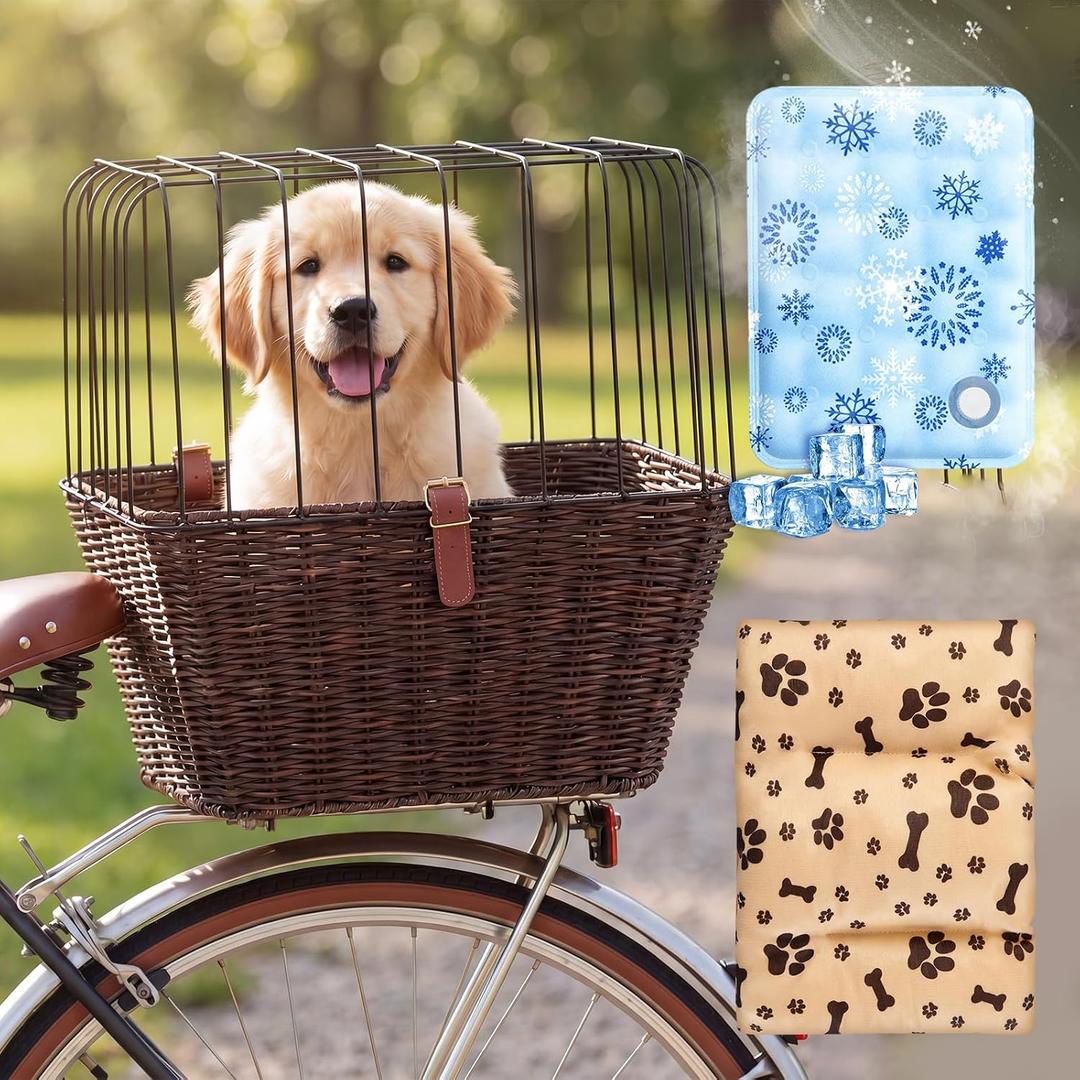 Wicker Dog Bike Basket for Small Dogs up to 8-10 Lbs, Flat-top