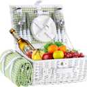 Wicker Picnic Basket for 4 with Waterproof Picnic Blanket and Insulated Cooler, Willow Hamper for Camping, Outdoors, Photoshoot, or a Birthday, Valentines Day, Wedding Gift, Green