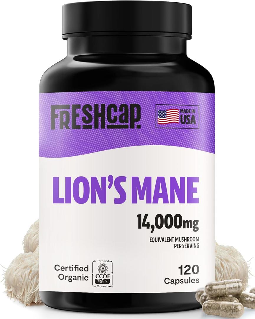 FreshCap Mushrooms Lions Mane Supplement Capsules 14,000mg - Lion's Mane, High Potency Extract, 14:1 Organic Mushroom Supplement, Ayurveda Focus Made in USA (120 Capsules), BBD 07/2025
