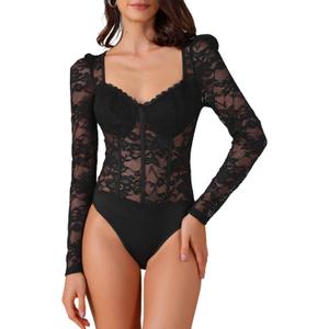 Allegra K Women's Bodysuit Corset Tops Long Sleeve See Through Sheer t Shirt (Medium)