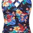 Women Underwire Tankini Top Only - Twist Front V Neck Bathing Suit Swim Top Tummy Control Cross Swimsuit 2025 (X-Large, Black Flower)