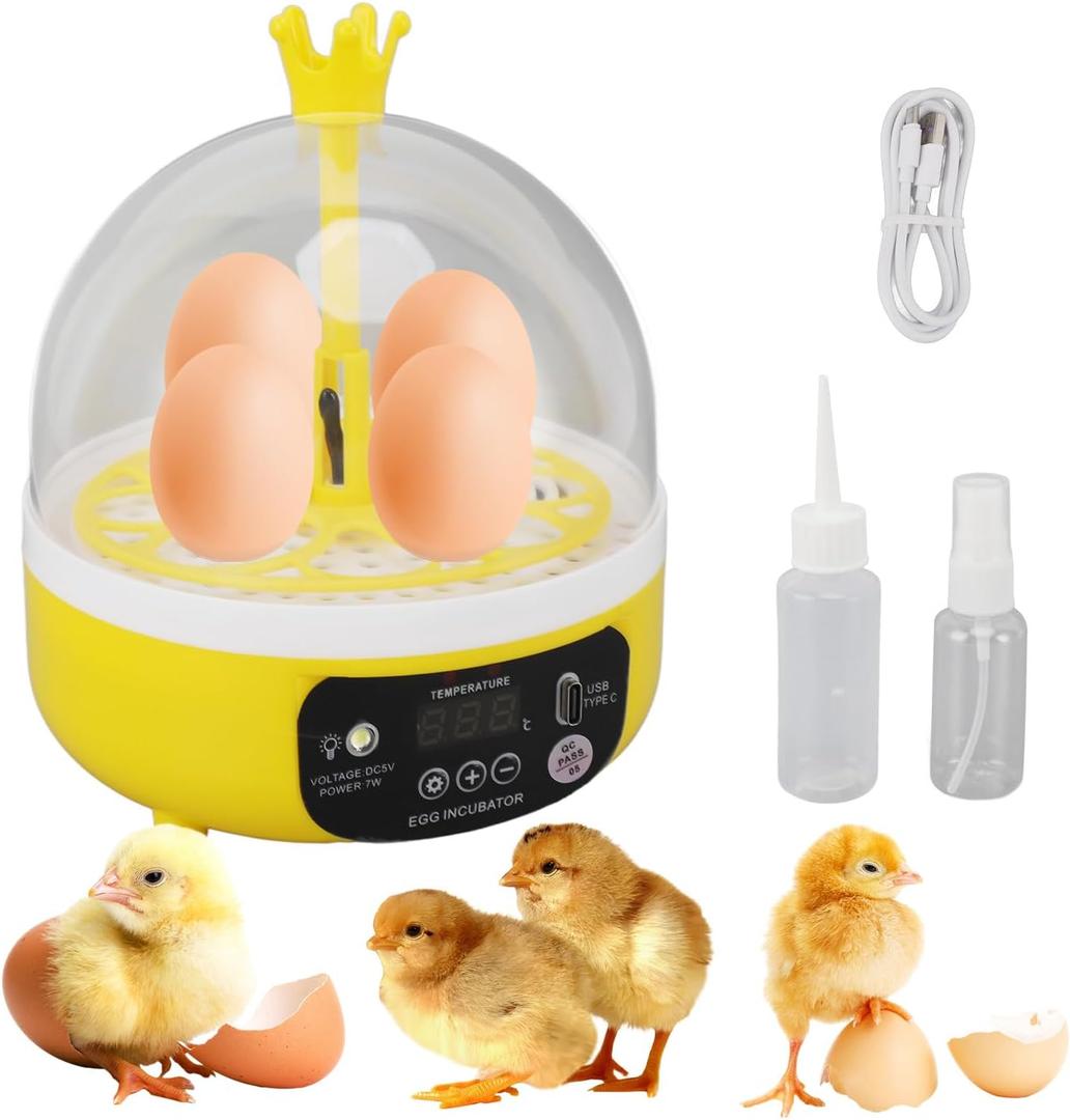 4 Eggs Mini Incubator with Transparent Lid,7W Automatic Temperature Humidity Control,Household Small Poultry Hatching Machine,for Chickens Ducks Pigeons (Auto Turning)