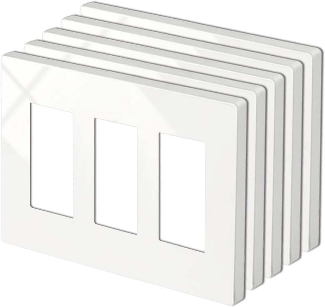 5 Pack BESTTEN 3-Gang Screwless Wall Plate, Decorator Outlet Cover, USWP4 Glossy Off White, H4.69 x W6.54, Face Plate for Light Switch, Dimmer, USB, GFCI, Receptacl