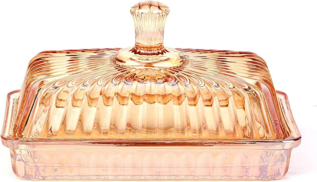 Glass Butter Dish with Lid for Countertop, Crystal Easy-Grip Covered Butter Holder Container for Refrigerator, Dishwasher Safe