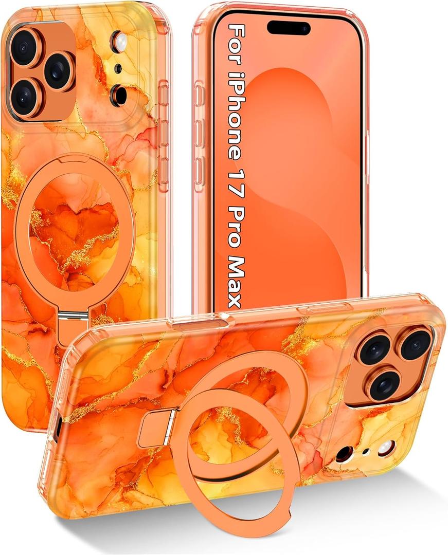 for iPhone 17 Pro Max Case,[Compatible with MagSafe][Magnetic Invisible Ring Stand],Shockproof Protective Slim Women Girl Case for Apple iPhone 17 Pro Max 6.9 inch,Orange Marble