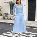 Women's Fall Ribbed Knit Two Piece Outfit Long Sleeve Top & High Waist Pleated Midi Skirt with Pockets (Blue, S)