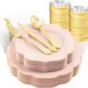 NOCCUR 175PCS Pink Plates with Gold Disposable Silverware - Include 50 Pink Plastic Plates,25 Knives,25 Forks,25 Spoons,25 Cups and 25 Napkins - Ideal for Wedding/Party