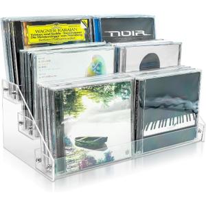 3Tier Clear Acrylic CD Holder Cascading CD Storage Rack, DVD/CD Display Rack & Vinyl Record Storage Stand Holds up to 24 Standard CD Cases for Media Shelf Storage and Organization (Clear, Medium size)