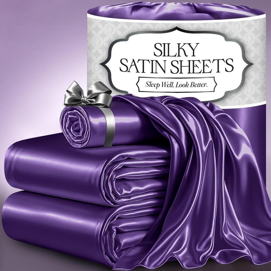 DECOLURE Satin Bed Sheets - 3 Piece Luxury Silky Twin Size Bedding Set - Softer Than Silk, Wrinkle-Free with 15 Deep Pocket Fitted Sheet, Perfect for Hair & Skin, Gifts for Women (Purple)