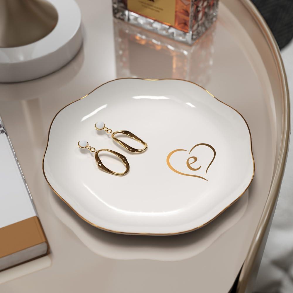 Gifts for Women  Initials Ceramic Jewelry Dish for Earrings, Necklaces, Bracelets, Rings, Watch, and Keys  Mothers Day, Christmas, and Birthday Gifts for Women (e)