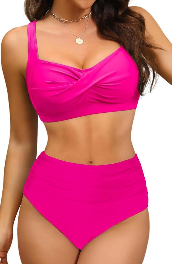 Amy Babe Women's Twist Front Modest Large Bust Swimsuit Padded High Waisted Ruched Bikini Set Two Piece Bathing Suit Rose Red, US Small
