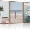 CHDITB Ocean Beach Framed Canvas Wall Art Set, Coastal Surfboard Wall Decor,Summer Coconut Tree Sea Wall Painting, Modern Surfing Art Prints for Living Room, Bedroom, Office- Large Size 24"x36"x3
