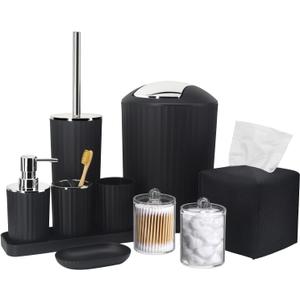 Bathroom Accessory Set - 10 Piece Black Bathroom Accessories Set with Trash Can, Toothbrush Holder and Cup, Soap Dispenser, Soap Dish, Toilet Brush Holder, Vanity Tray, Qtip Holder, Tissue Box Cover