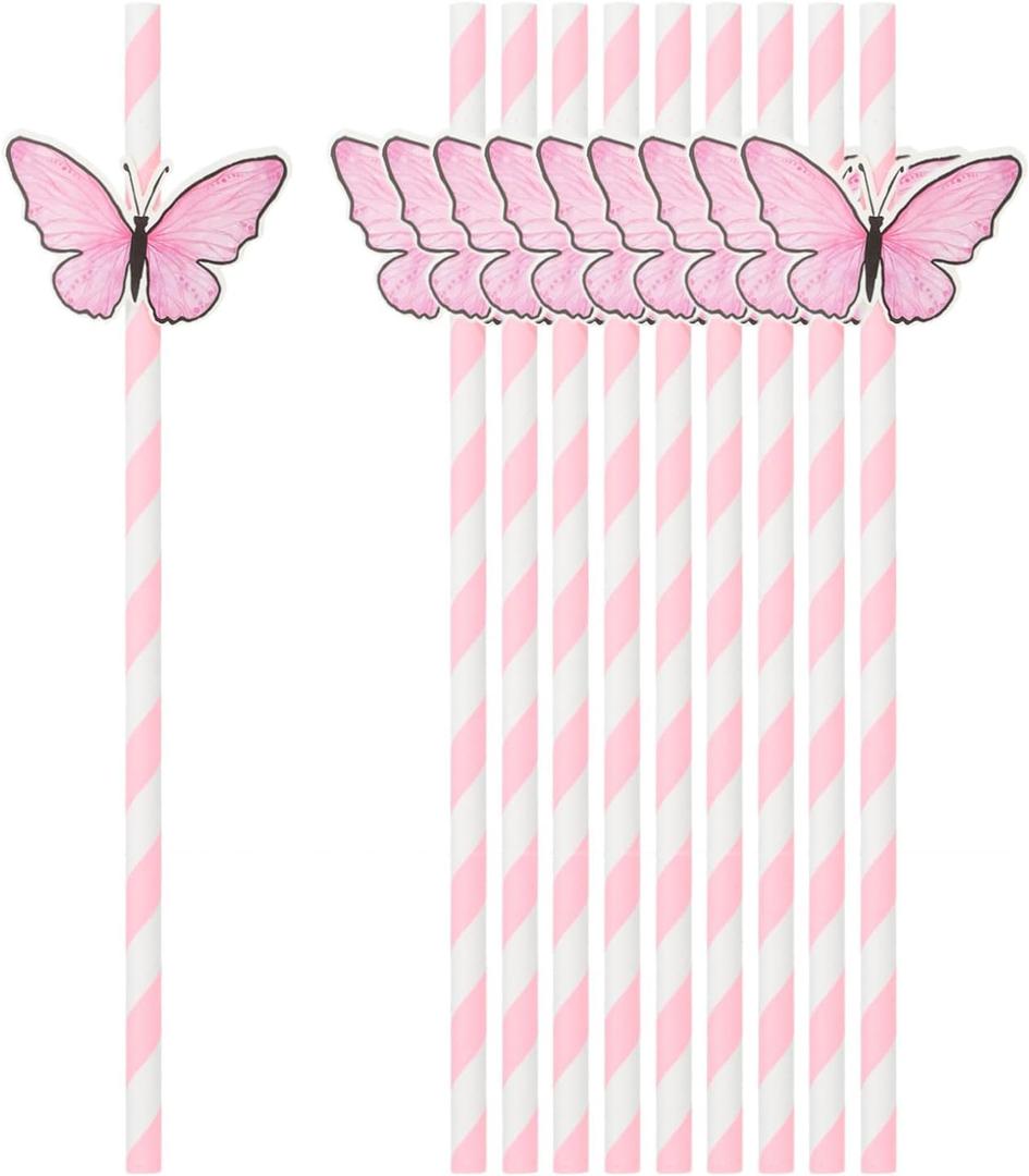 uxcell 40Pcs Butterfly Stripe Paper Straws, Drinking Straws Cake Decorations for Wedding Birthday Party Supplies, Pink