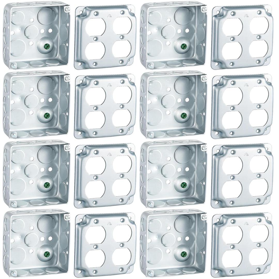 8 Set 4  4" Electrical Junction Box with Cover Electrical Metal Outlet Box, 21.0 Cu. in. Capacity Receptacle Exposed Work Cover, 1-1/2'' Deep (Double Duplex Receptacle)