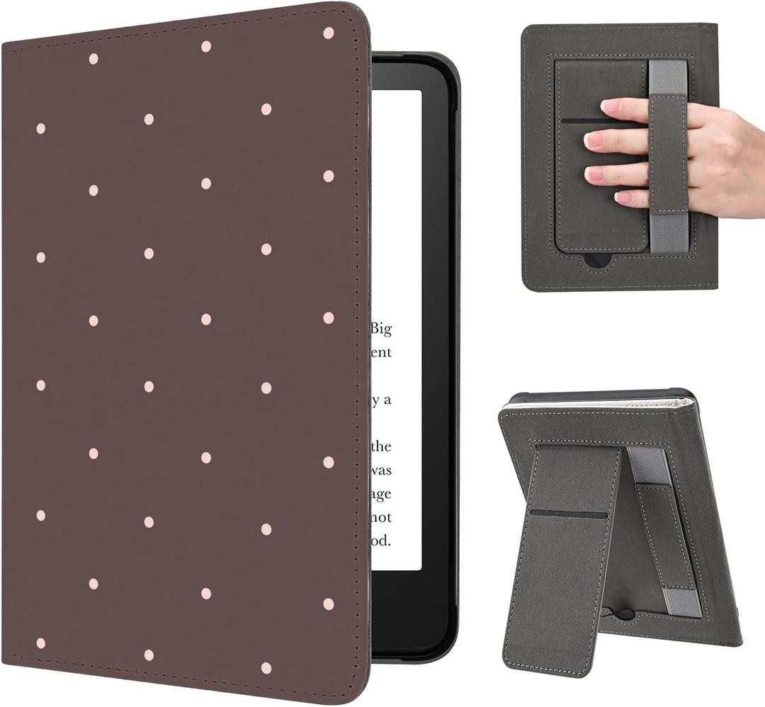 AdorableWhimsy for Kindle Paperwhite 12th Generation Case 7" 2024 Release Cute Polka Dot Brown Classic Vintage Aesthetic Design Soft PU Leather Cover with Auto Sleep Wake, Stand & Hand Strap for KPW6